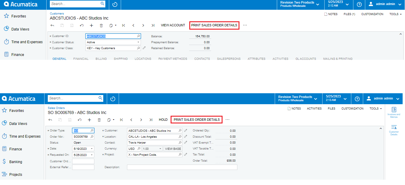 Print Report Action in Acumatica