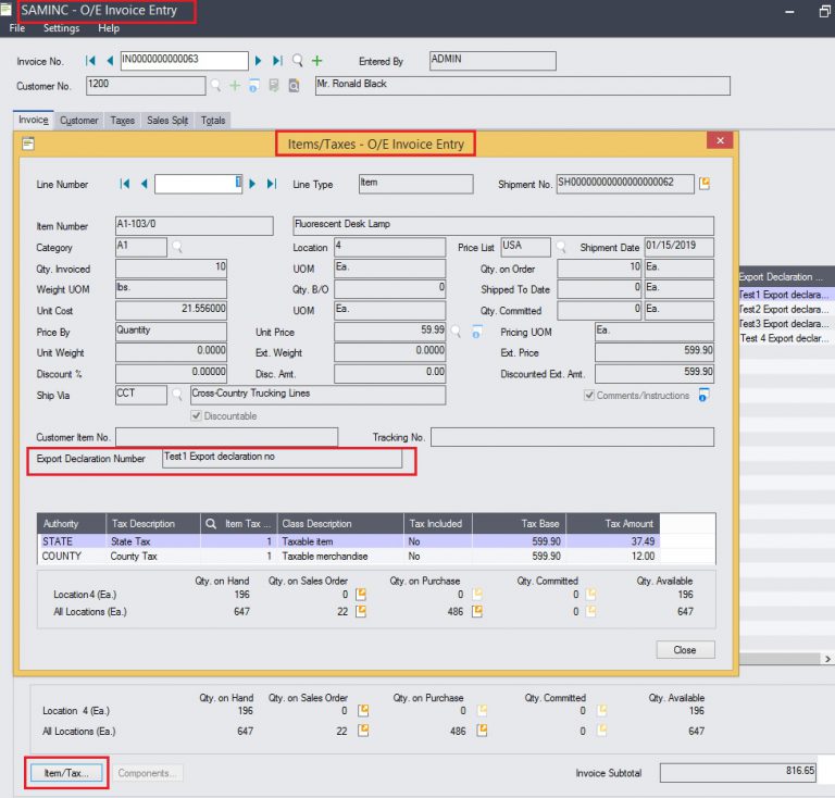 Export Declaration Number field in OE Invoice Entry in Sage 300 2019 ...